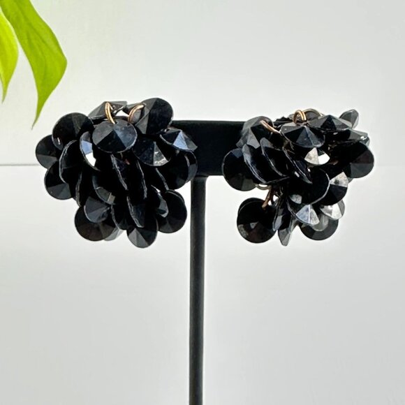 Vintage Black Cha Cha Clip-On Earrings 1.5" Retro Early Plastic Jewelry - Picture 7 of 7